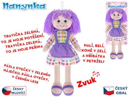 Česky mluvící a zpívající panenka Nanynka, fialová, 50 cm, měkké tělo